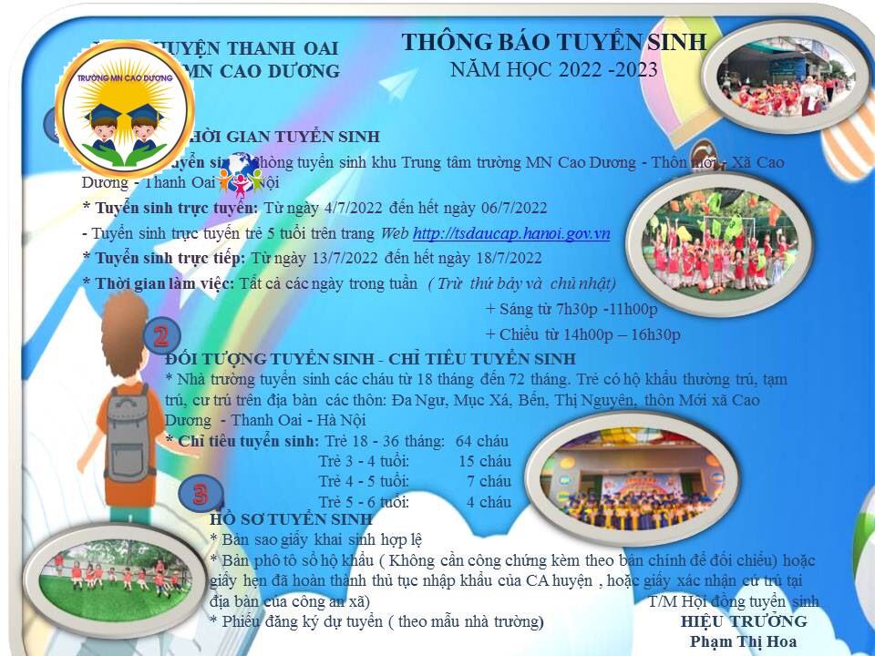 THÔNG BÁO TUYỂN SINH TRƯỜNG MN CAO DƯƠNG NĂM HỌC  2022 2023