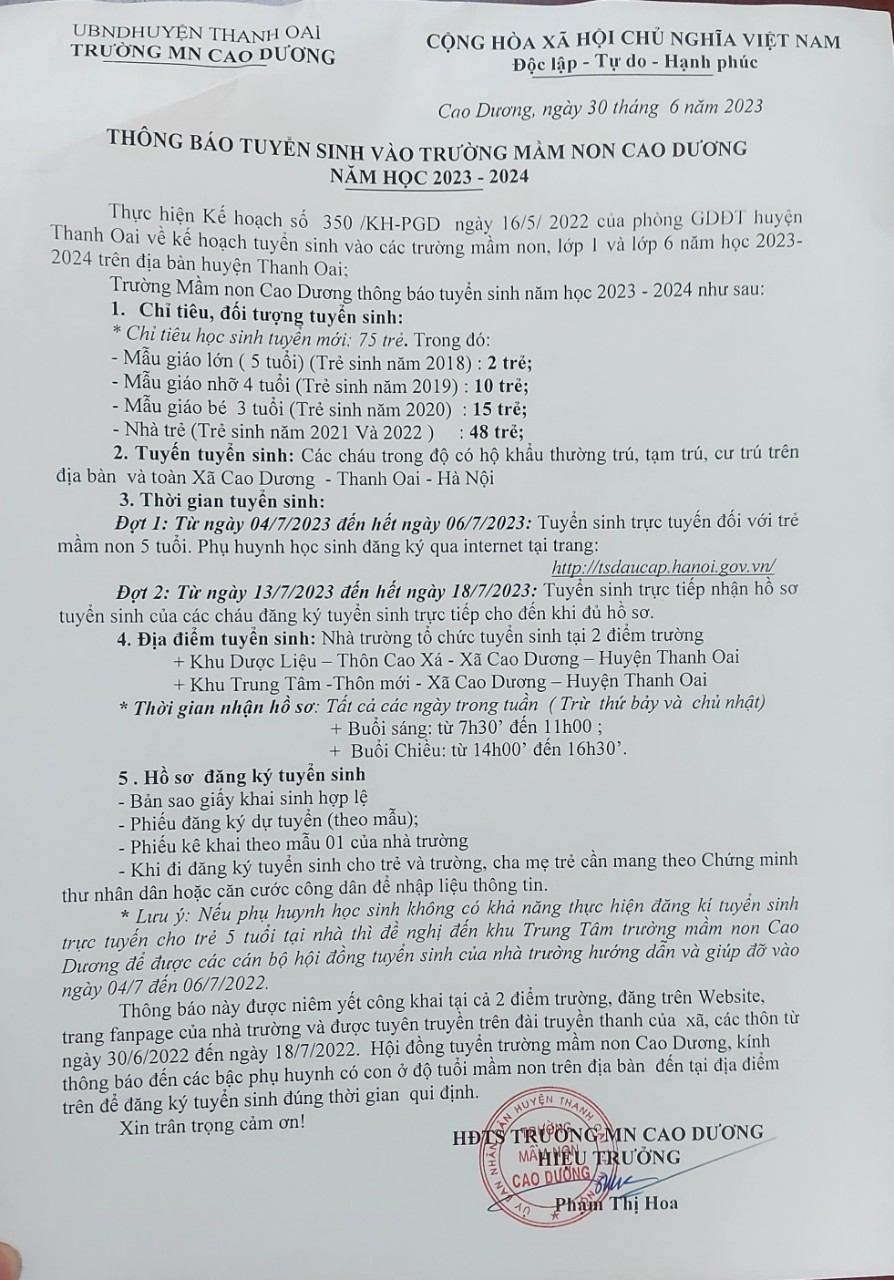 📣 Trường MN Cao Dương xin thông báo tới quý PH thông tin đăng ký tuyển sinh trực tuyến chính thức năm học 2023-2024