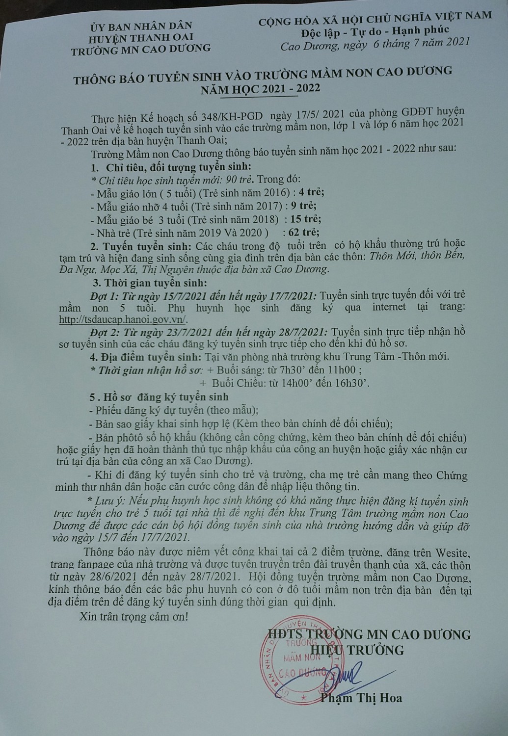 THÔNG BÁO TUYỂN SINH NĂM HỌC 2021 2022