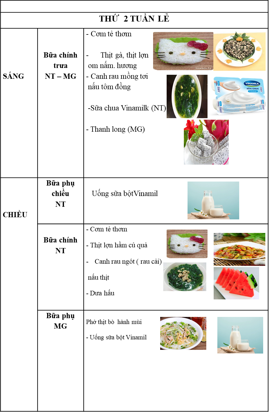 Thực đơn thứ 2 tuần lể