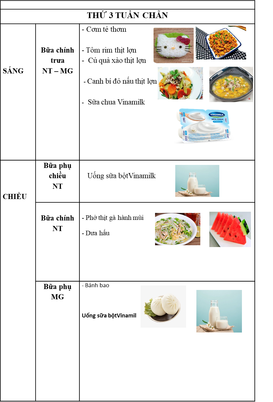 Thực đơn thứ 3 tuần chẵn